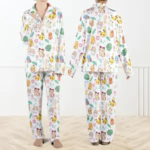 Women's Short-Sleeve Starter Trio Anime Pajama Set - Bulbasaur, Squirtle Inspired, Cute Creature Kawaii Lounge Wear, Cozy Nightwear