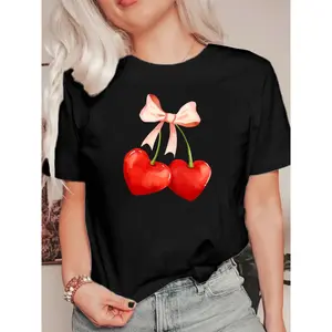 Chic Love Cherry Graphic Tee for Women - Casual Round Neck, Short Sleeve, Stretchy ,WIdeal Everyday Fashion Top with Pink Bow DetailHoliday gifts,Holiday gifts