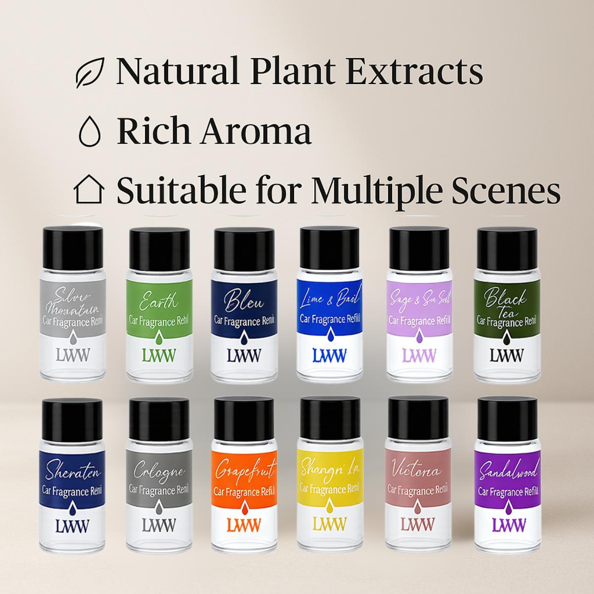 LWW Essential Oil Set 24-Pack 10 mL Each Assorted Scents for Diffuser & Car Freshener Refill Home Office Aroma Fragrance
