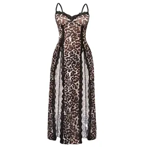 Parthenope Women Sexy Lingerie Leopard Mesh Lingerie Dress Split Long Slip Lace Trim Chemise Nightwear