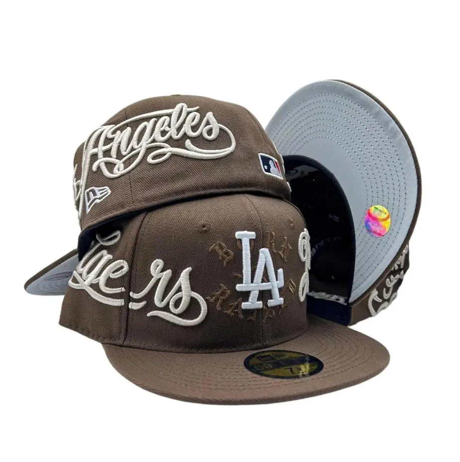 LA Script Graphic Fitted Hat | California City Embroidered Flat Brim Baseball Cap | Retro Urban Streetwear Headwear