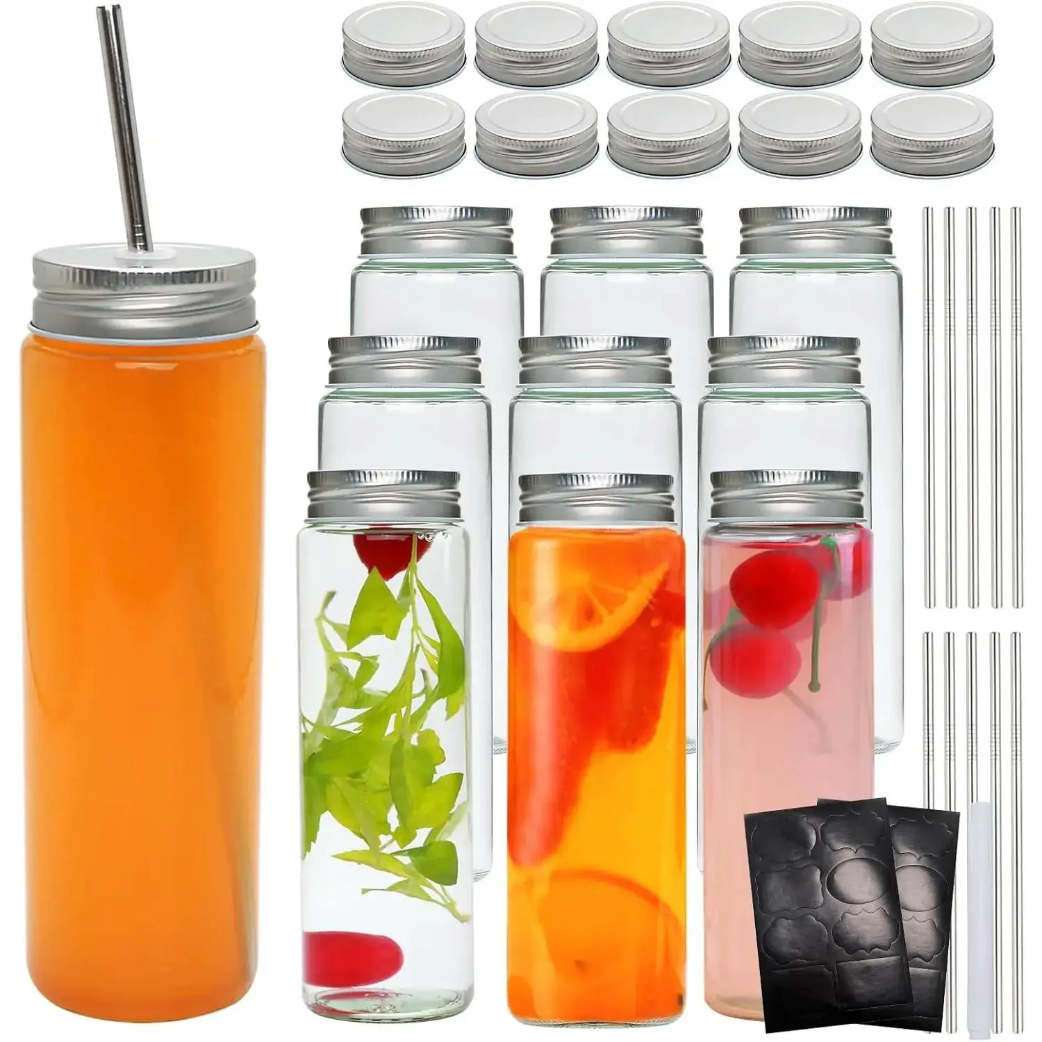 10-Piece 14oz Thick Glass Juicing Bottles with Airtight Lids, Straw-Fitted Lids & Hole-Fitted Lids - Stainless Steel Washable Portable Bottle Jars for Juice, Smoothie Storage & Reusable Homemade Drink Containers