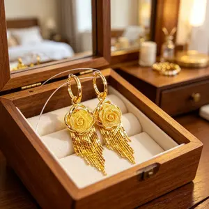 Tassel Earrings 14K Gold Plated Long Drop Earrings French Style Floral Earrings Sparkling Chain Jewelry