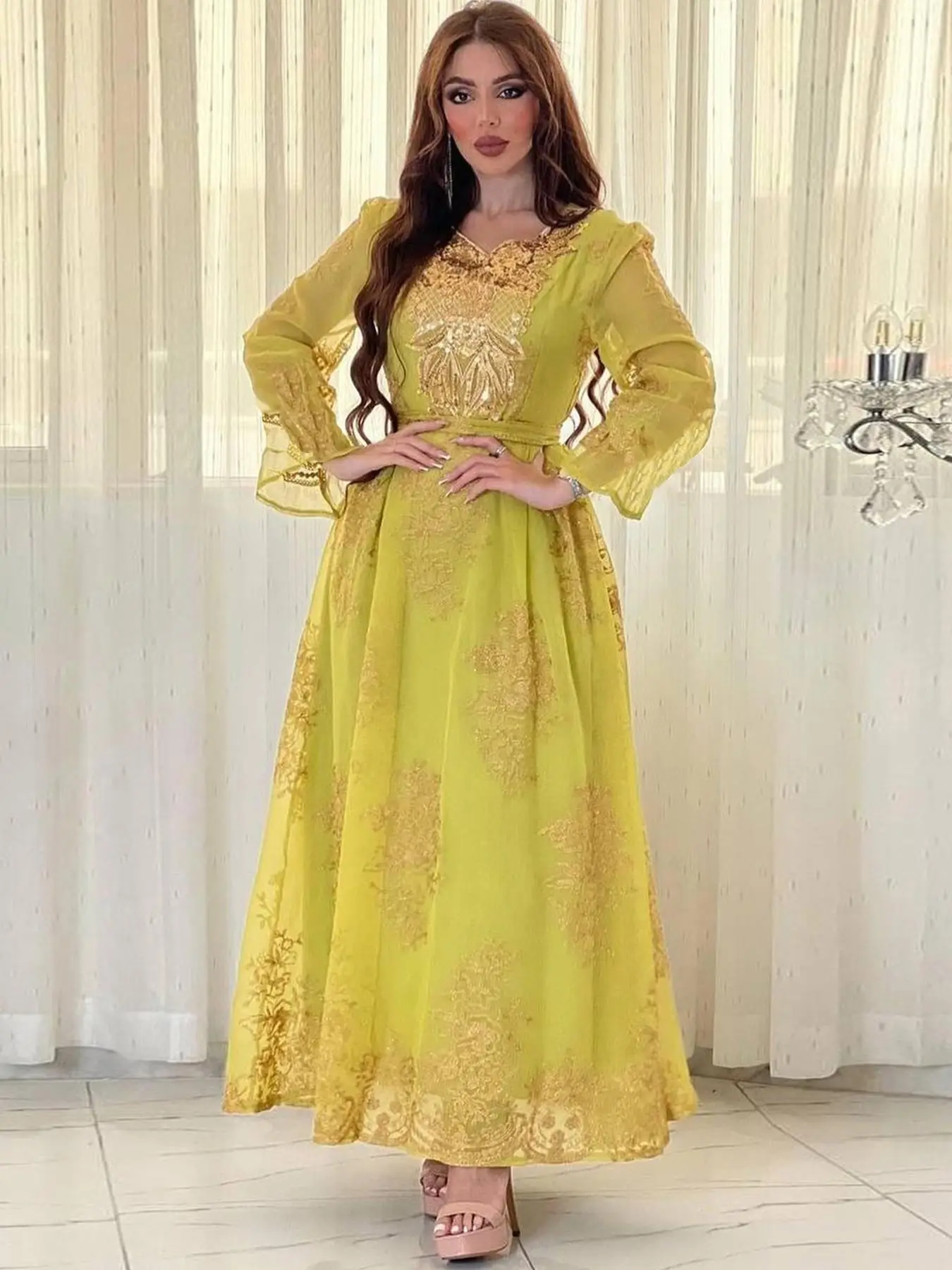 Arabic Clothing-Contrast Mesh Embroidery Belted Dress, Elegant Contrast Sequin Long Sleeve A Line Dress for Women, Ladies Spring & Fall Clothes, Fashi