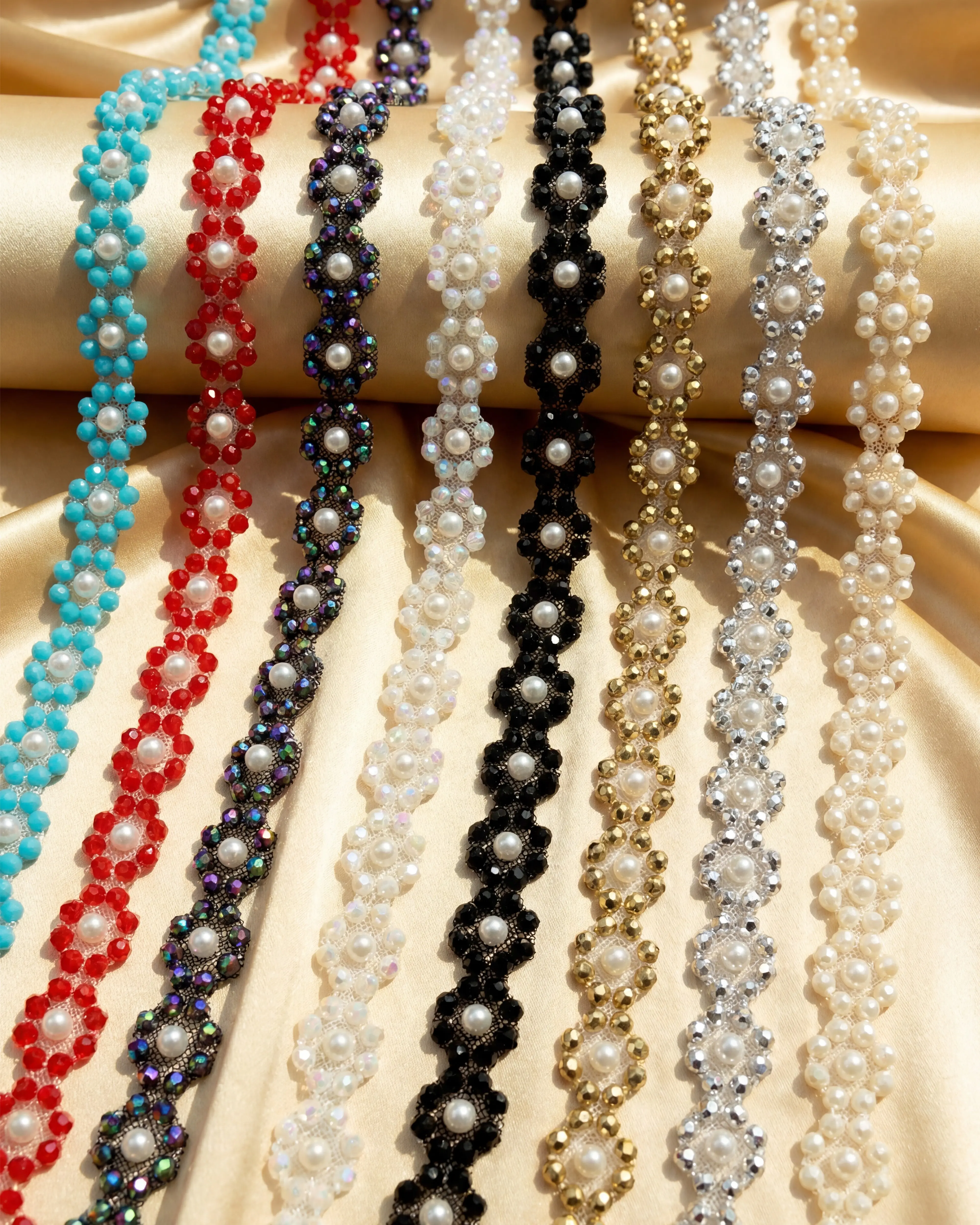 Pearl Beaded Floral Trim by the Yard, Self Adhesive or Sew-On Trim, Rhinestone Flower Trim Options, Bridal, DIY Embellishment - Made In USA