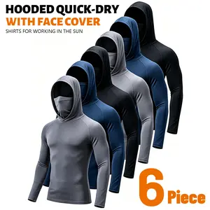 6 Pack Men’s Thin Sun Protection Long Sleeve Hooded Sport Shirts With Built-in Face Mask UV Block Tops For Fishing Construction Outdoor Yard Work
