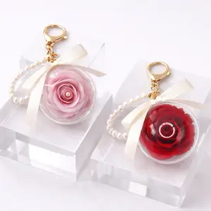 Eternal Rose Bag Charm-Gift Box Real Preserved Rose in Clear Round Casing with White Ribbon Red Gift Box for Anniversaries Valentine’s Day Birthdays