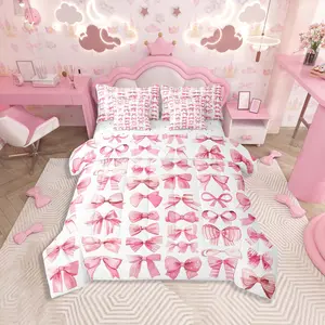 Pink Bowknot Comforter Set,7 Piece Dreamy Princess Style Bedding Set,Cute Bow Bed in a Bag,Kawaii Bow tie Bed Set with Comforter,Sheet Set,Pillowcases, Bedding Sheets, Bowknot Design Blanket
