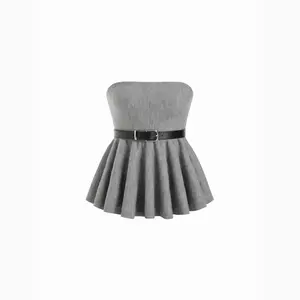 Cider Knit Strapless Ruffled Peplum Crop Top With Belt