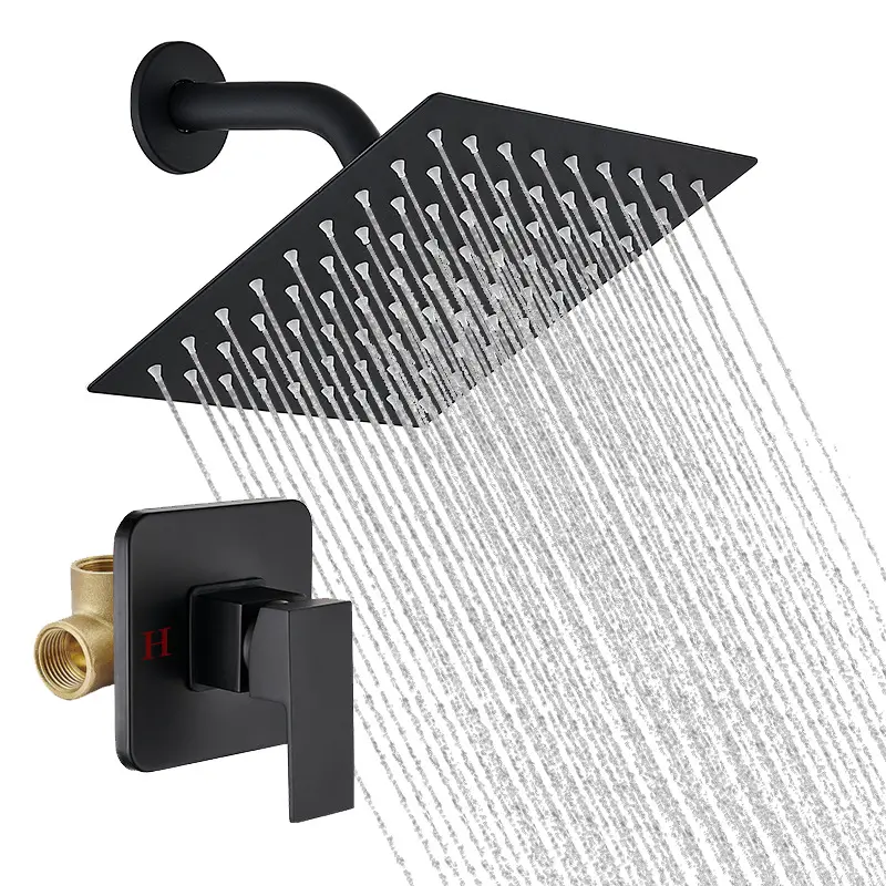 Black Shower Faucet Single Function Shower Trim Kit with Rough-in Valve Set, Wall Mounted Single Handle Bathroom Rain Shower System, Square Stainless Steel Metal Shower Head