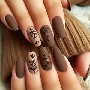 24pcs Ballerina Fake Nails Set, Medium Length, Natural Shape, Deep Base Color, Plant Pattern, Accents, Elegant Retro Style