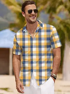 Men's 3D Fashion Summer Printed Spread Collar Shirt, Yellow and Blue Checkered Casual Short-Sleeve Shirt, Suitable for Outdoor Outfit, Beach Vacation Travel, Lightweight and Breathable, 100% Polyester, Perfect Gift for Men on Festivals
