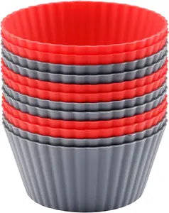 12 Pack Reusable Nonstick Jumbo Silicone Baking Cups, Cupcake and Muffin Liners, 3.8 Inch Large Size, Red and Gray Colors, Round