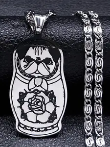 Fashion Matryoshka Pug Pendant Necklace for Women Men Stainless Steel Silver Color Animal Dog Necklace colliers