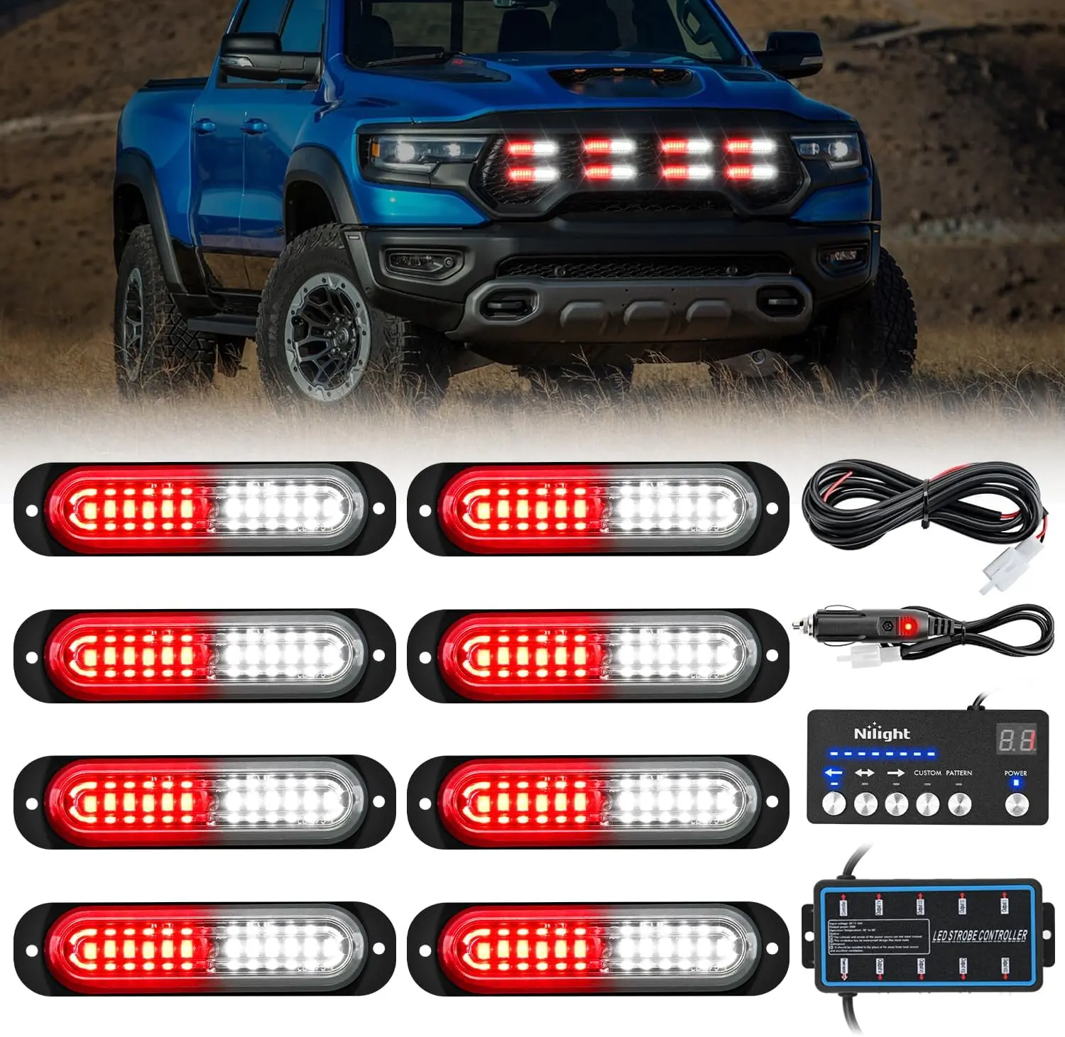 Nilight 8PCS 12-LED Surface Mount LED Work Lights with Controller, 12V-24V Synced Feature, Red & White Underglow Car Lamps, Negative & Positive Power Cable, Durable PC Lens, IP65 Water Resistant for Trucks, Car Front, Led Work Light