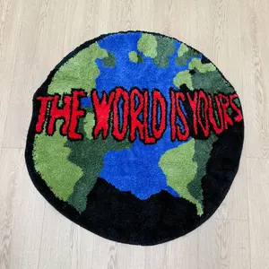"The World Is Yours" Globe Pattern Tufted Rug – Indoor Floor Mat for Bedroom, Living Room & Office | Vibrant Motivational Design, Plush Soft Texture, Durable Non-Slip Tufted Carpet for Stylish Decor & Comfortable Footing