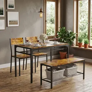Retro 4 Piece Dining Table Set, Rectangular MDF Kitchen Dining Set with 2 Backrest Chairs & Bench, Space Saving Multi-Functional Furniture for Home Dining Room Living Room Study Office, Waterproof Wear Resistant Desk for Family Meal Work Reading Craft