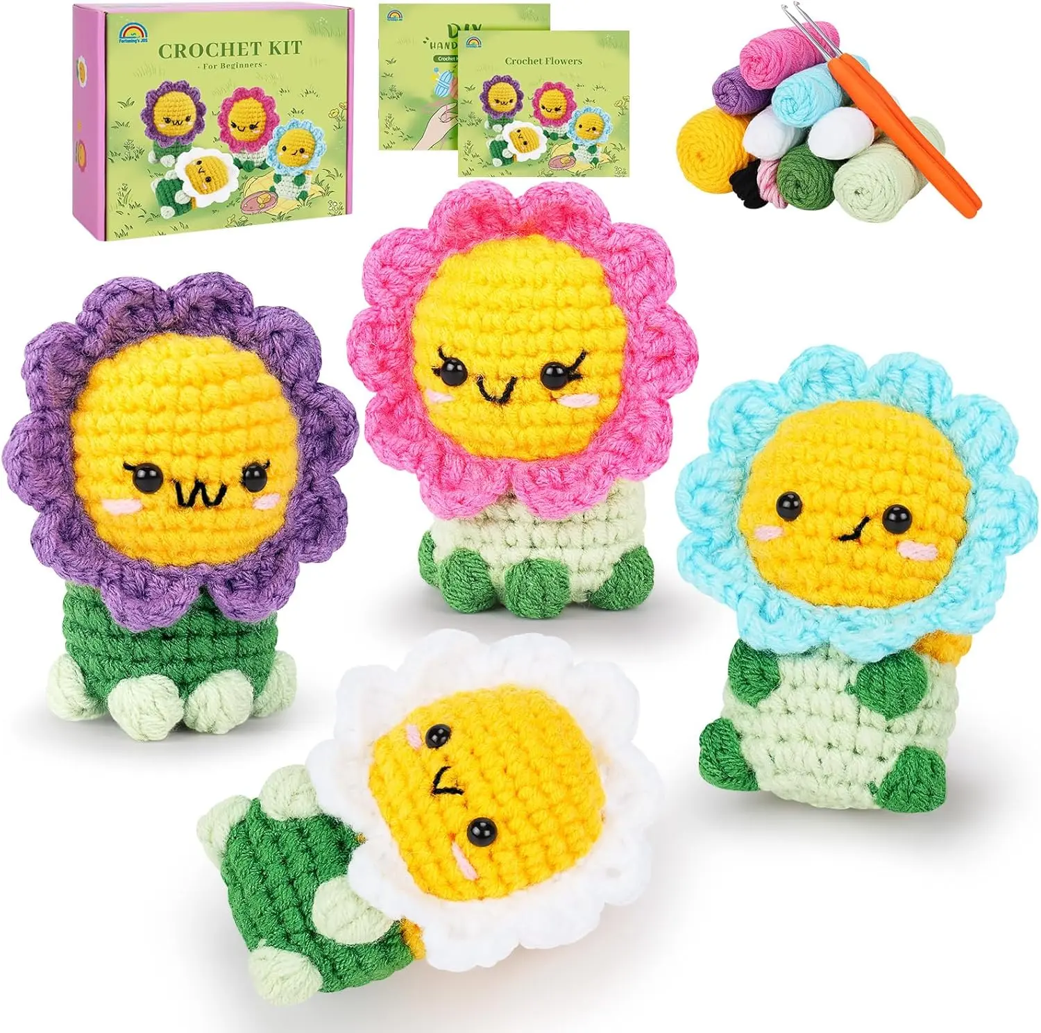 Crochet Kit for Beginners - 4 count  Complete Crochet Starter Kit with Step-by-Step Video Tutorials, Beginner Crochet Kits for Adults  Women, Flower Family Crocheting Set