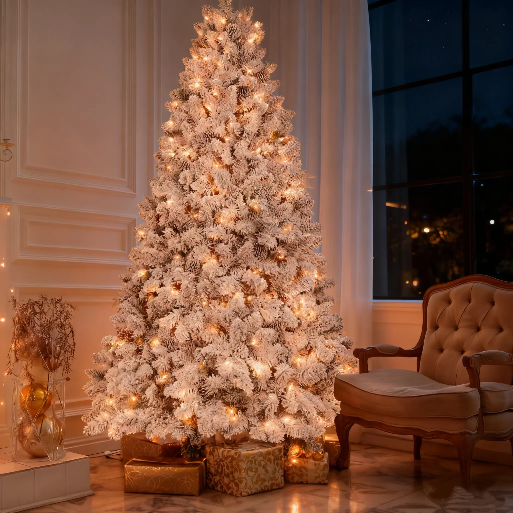 iCapeson 6FT Pre-Lit Flocked Christmas Tree with 350 UL Certified Lights & 35 Pine Cones | 888 Snowy Tips, Hinged Structure & Sturdy Metal Stand for Easy Holiday Setup