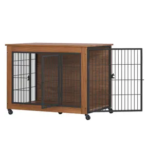 Heavy-Duty Wooden Dog Crate Furniture with Wheels, 2-Door Metal Kennel End Table for Small Anxiety Dogs, Indoor Use