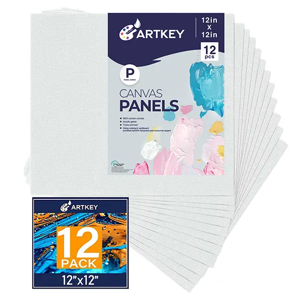 Artkey Canvas for Painting 12x12 Inch 12-Pack, 10 oz Primed 100% Cotton White Blank Canvases Boards for Painting, Art Supplies Paint Canvas Panels for Acrylic Oil Watercolor Tempera Paints
