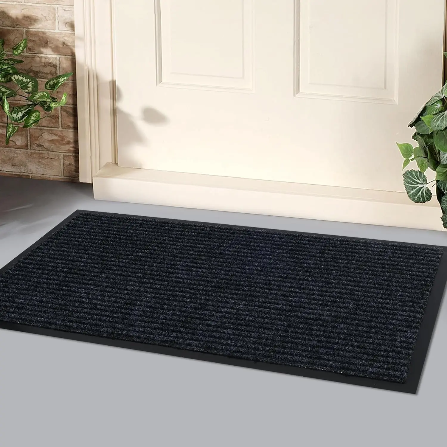 30"x17" Front Door Mat, Black Indoor Outdoor, Low Profile Rubber Backing | All-Weather Easy Clean Washable Doormats Commercial Entrance Mats for Home Office Patio Porch Garage Garden