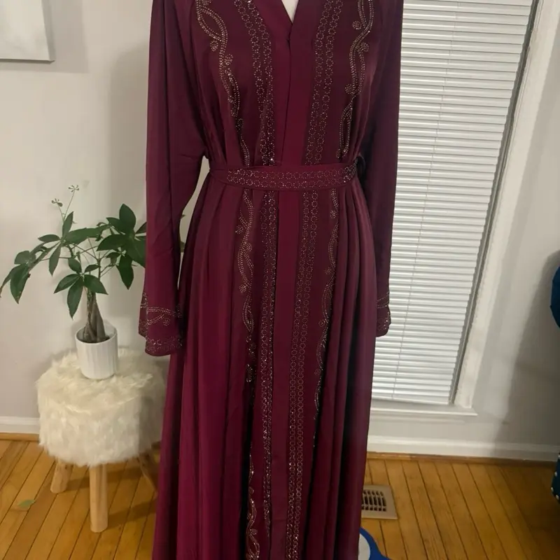 Luxury Burgundy Embroidered Abaya | Elegant Gold Beaded Open Abaya with Belt
