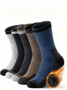 Men's Fall Winter Thick Wool Socks, Fleece Lined Warm Cashmere High-Top Long Socks, Color Block Design, 5 Pairs Pack, Tube Socks