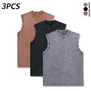 3 pcs men’s 100% cotton tank tops, vintage distressed sleeveless shirts, breathable summer tees