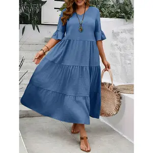 NewCasual Plus Size Solid Color Tiered V Neck Half Sleeve Dress - Women's Spring & Summer Clothing Blue Maxi Comfort Womenswear Basic