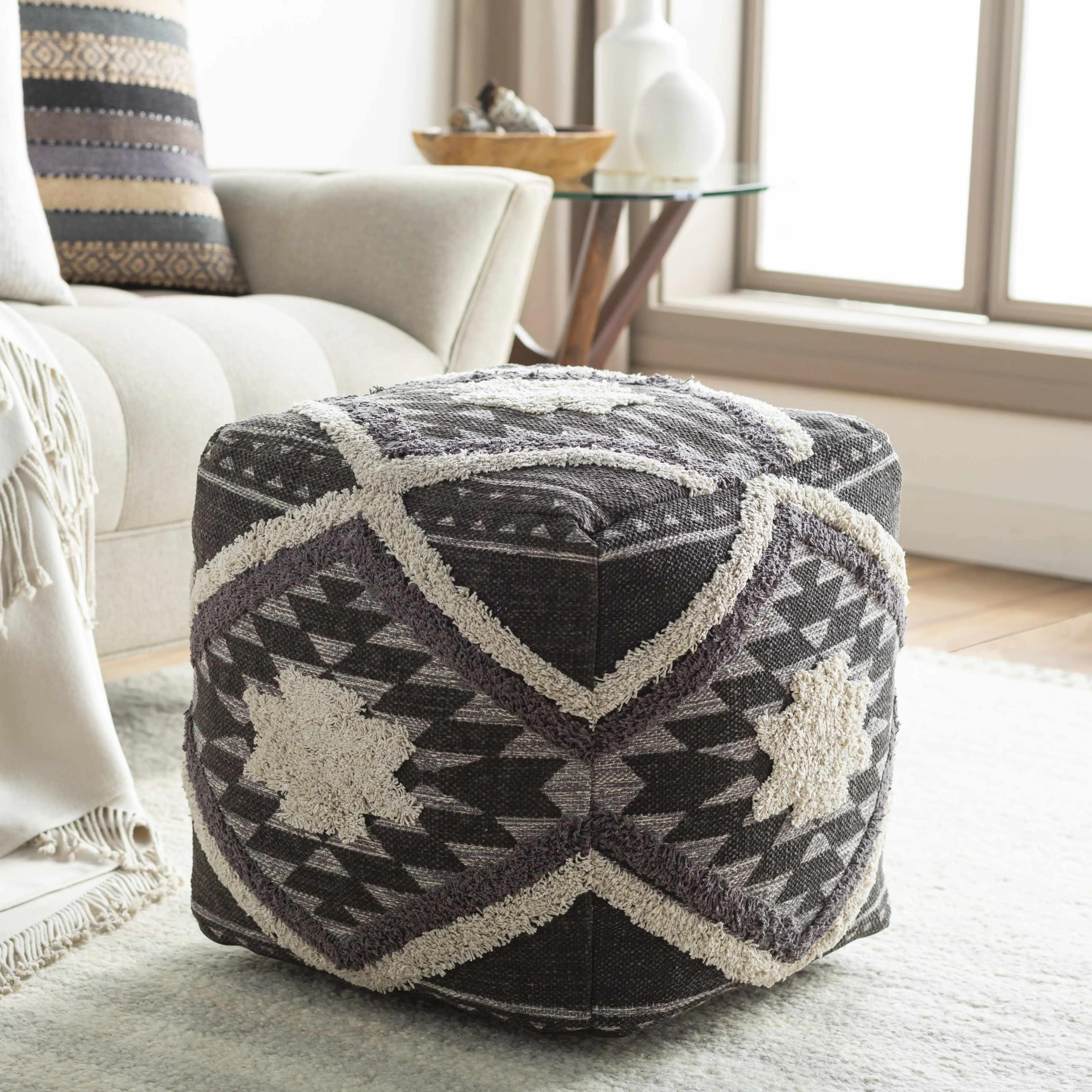 Almondbank Handwoven Beige Cotton Pouf Almondbank Handwoven Beige Cotton Pouf