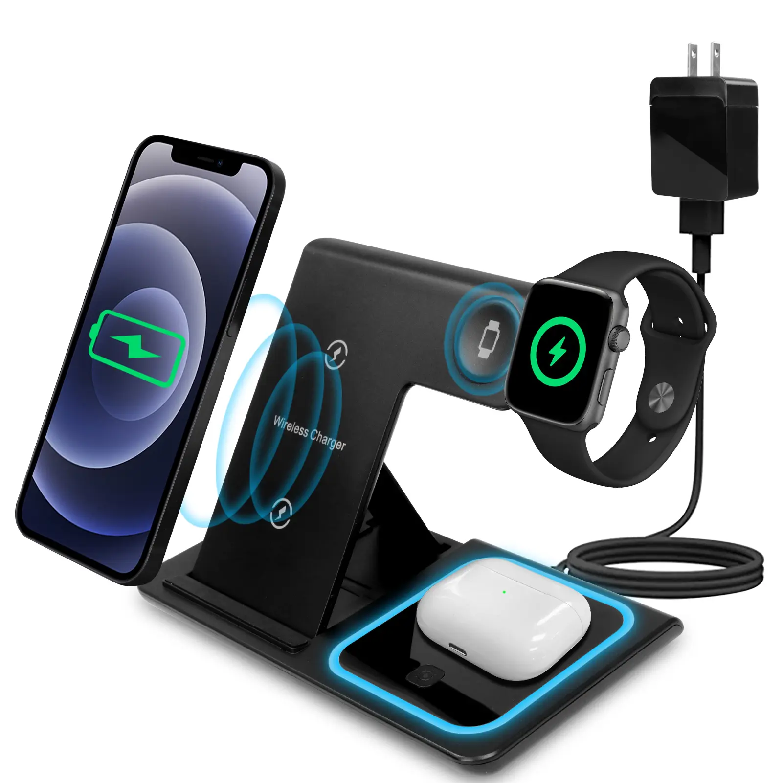 3 in 1 Wireless Charging Station, 15W Fast Foldable Wireless Charger Stand for Apple Devices, Qi-Certified for iPhone 16/15/14/13/12/11/Pro/Max/X/XR/Samsung, iWatch SE/7/6/5/4/3/2 & AirPods Pro/3/2, QC-3.0 Adapter Included