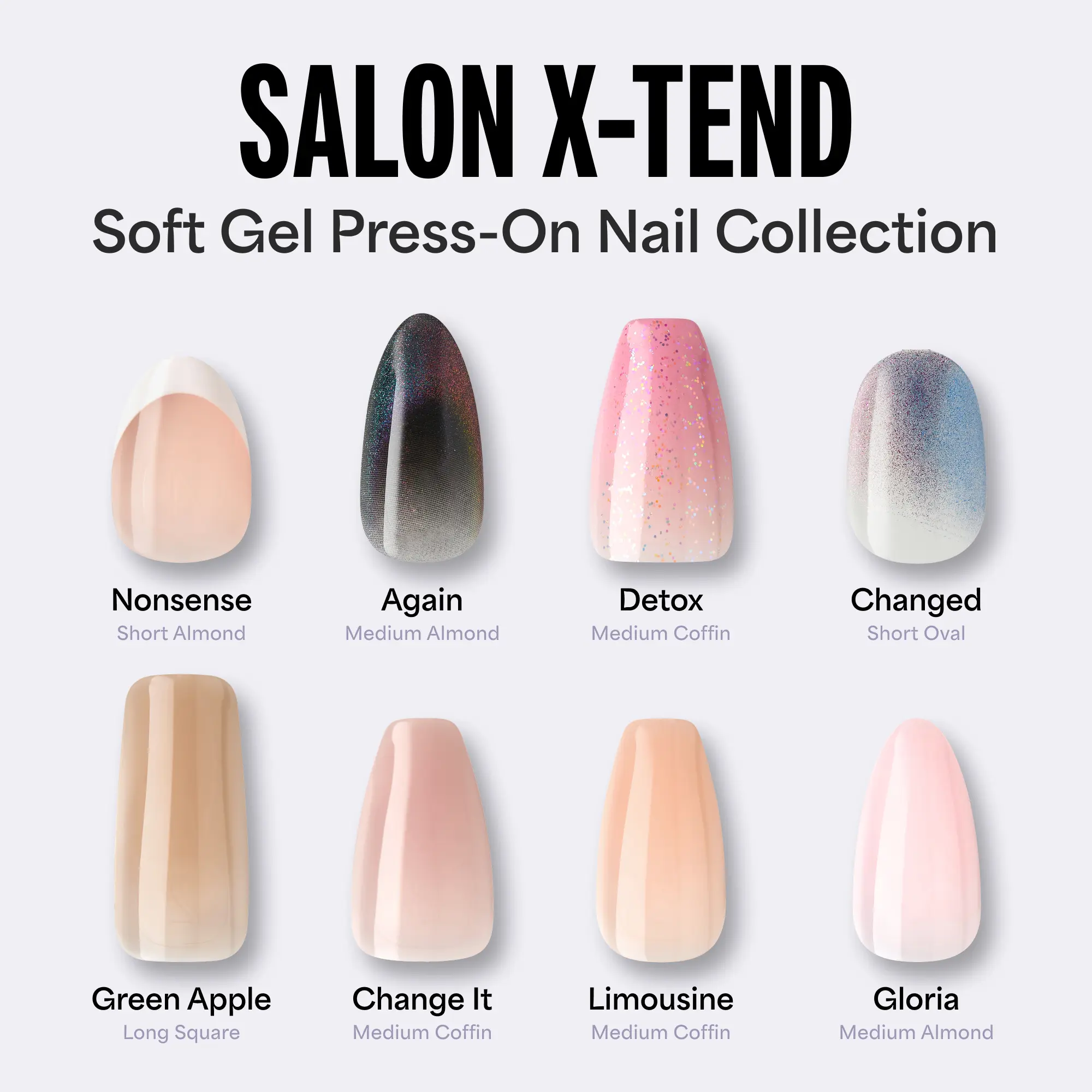 Salon X-tend Soft Gel Press-On Nail Collection | Includes 30 Nails, 5Ml Led Soft Gel Adhesive, 1 Manicure Stick, 1 New Mini File, New Prep Pad