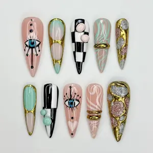 Gilded Luxury Colorful Press On Nails | Eye Art Gold Ring Nails | Handmade Nude Stiletto Nail Art | Luxury Statement Press Ons