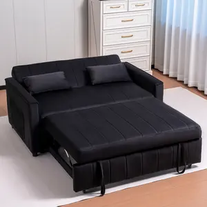 3-in-1 Upholstered Sleeper Sofa Bed, 1-Seater Velvet Pull-Out Couch with Armrests, 2 Pillows, Storage Pockets & Adjustable Backrest, Indoor Furniture for Living Room, Dorm, Lounge (Black)
