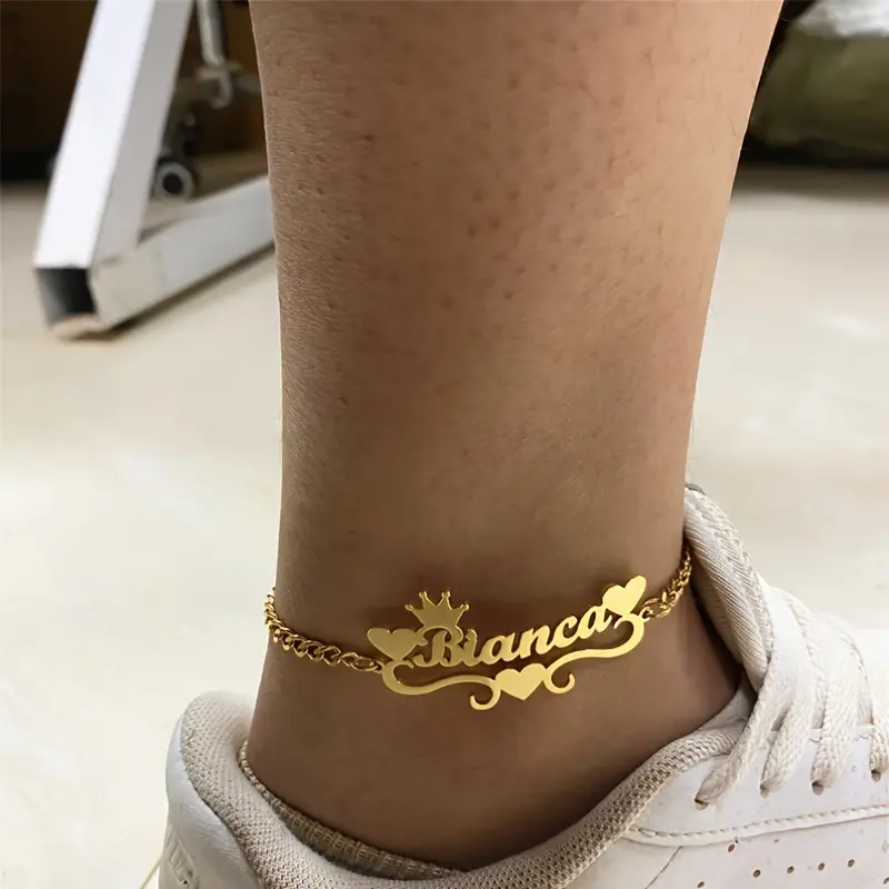 Custom Name Anklet - Golden-Toned Stainless Steel Cuban Chain with Heart & Butterfly Charms, Elegant Versatile Accessory, Trendy Fashionable Unisex Daily Wear Gift