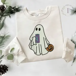 Embroidered Alani Ghost Halloween Sweatshirt – Funny Cute Ghost Crewneck Pullover, Cozy Fall Oversized Sweater, Spooky Season Unisex Hoodie or Sweatshirt, Gift for Alani Energy Drink Lovers Vintage