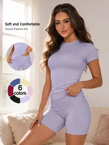 Women's Solid Ribbed Tee & High Waist Shorts Loungewear, Casual Comfy Breathable Top Round Neck Short Sleeve T-Shirt & Skinny Shorts PJ Set, Ladies Sleepwear for Summer, Pajama