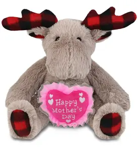 DOLLIBU Plush Mother's Day Heart Stuffed Toy - Super Soft Polyester Stuffed Animal, Embroidered Heart, Beige Plaid Moose Design