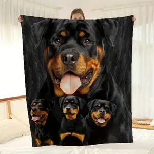 1 Piece Flannel Blanket - Super Soft and Warm for All Seasons, Imitation Black and Brown Rottweiler Pattern - Heavy Duty Pet Lover Gift, Suitable for Sofa, Camping, Office - Machine Washable Cozy Home Decor, Dog Blanket, Retro Fantasy Style