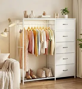 5 Drawers Dresser For Bedroom With Hanging Rack With LED Lights & Charging Station, Fabric Dressers & Chest Of Drawers With Clothes Rack, Wooden Top, Grid Panel, Closet, Dresser For Bedroom