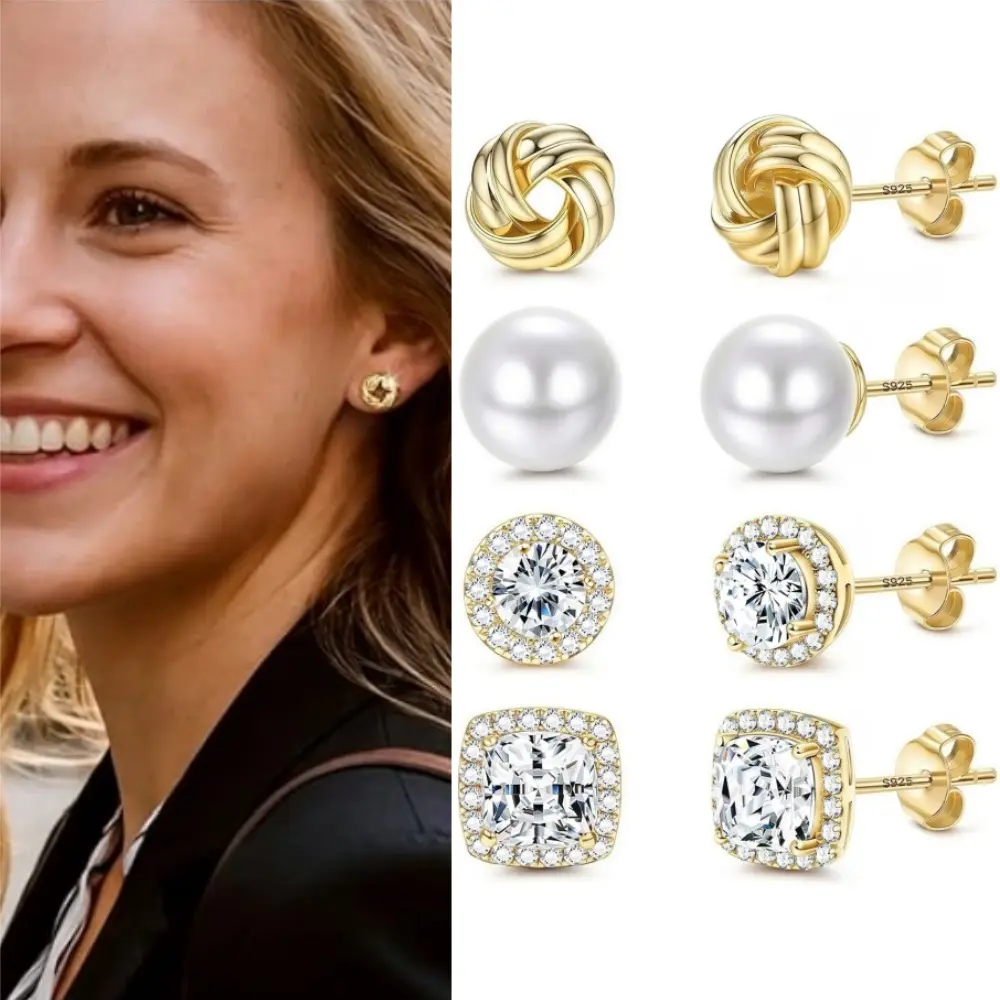 4 Pairs Hypoallergenic Sterling Silver Stud Earrings for Sensitive Ears, 14K Gold Plated Big Simulated Pearl & Love Knot Design, Brilliant Cubic Zirconia CZ Halo Minimal Jewelry, Daily Wedding Birthday Gifts for Women