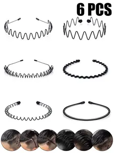 6-piece set of narrow-edged metal hair bands, minimalist style, pure color hair bands, unisex, Zigzag headband, wavy zigzag sports headwear, Workout Hairband, anti-slip fixed hair bands, suitable for sports, fitness, home life