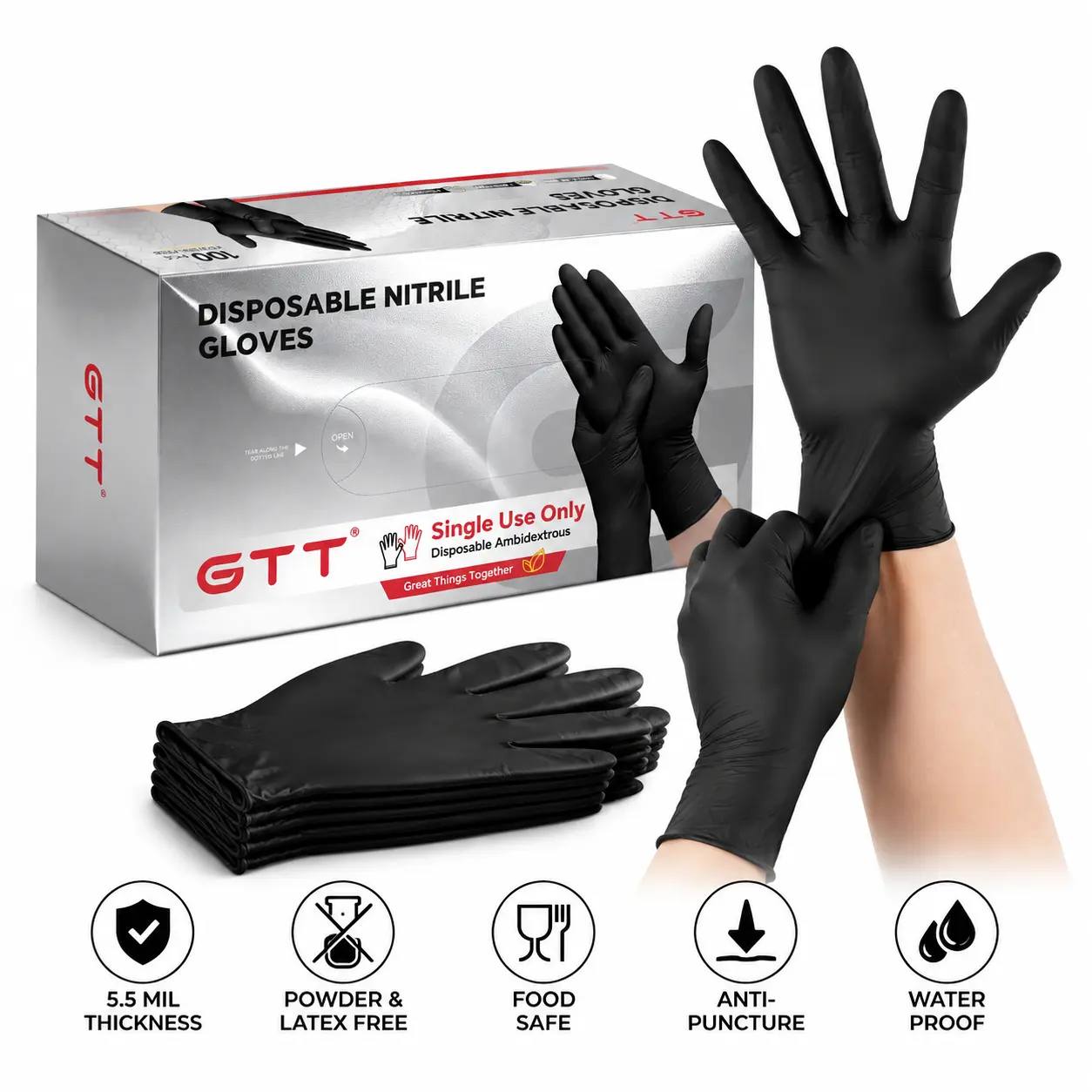 5.5 Mil Heavy Duty Black Nitrile Gloves,Powder & Latex Free, 100/200/400Pcs  Food Safe Oil Water Resistant,Textured Non-Slip Touchscreen Disposable Gloves for Cooking Cleaning Tattoo Auto Repair