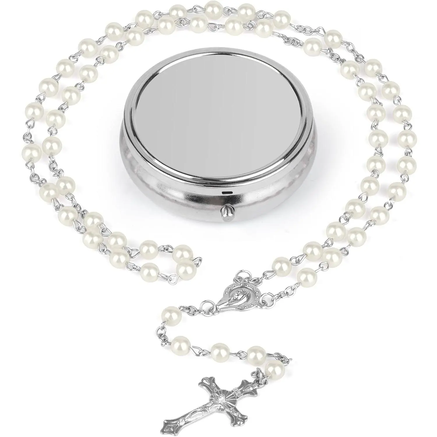 Minimalist Catholic Rosary Prayer Beads, White Pearl & Aluminum Alloy Necklace for Women with Virgin Centerpiece and Crucifix, Religious Confirmation Gift, Religious Gifts, 22.5 Inches Necklace, Casual, Christmas, Daily