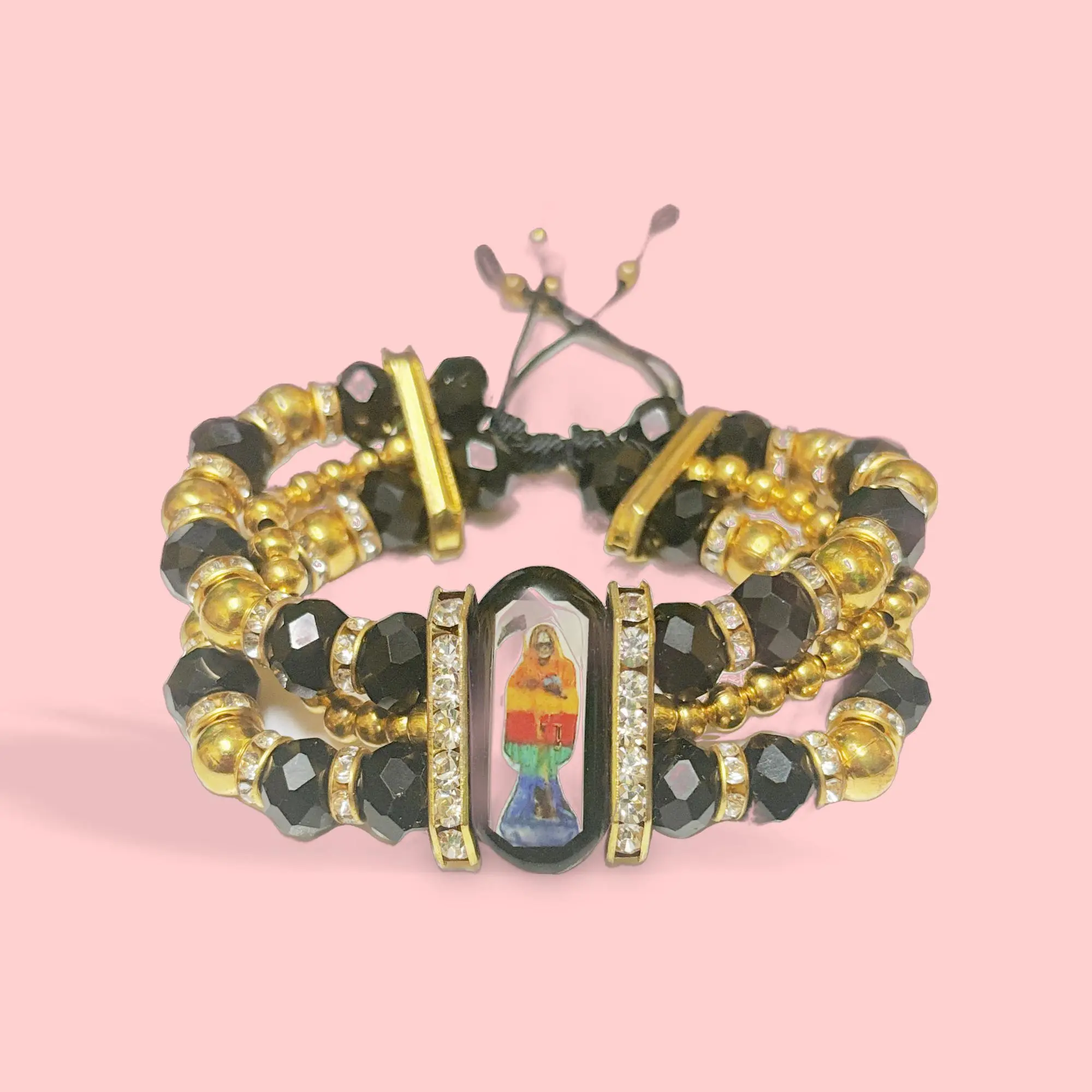 Black Crystal Santa Muerte Bracelet with a Decorative Santisima Image Charm, Unisex Jewelry for Protection and All Seasons, Protection Theme, Unisex Wear