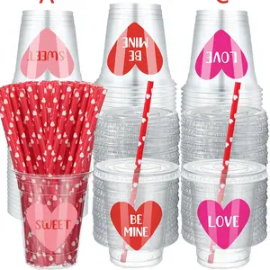 20/40sets Valentine's Day Plastic Cups with Lids and Straws, 3 Styles "SWEET/BE MINE/LOVE" Heart Design Disposable Party Cups for Valentine's Day Party Decorations, Romantic Date Supplies, Festival Party Tableware