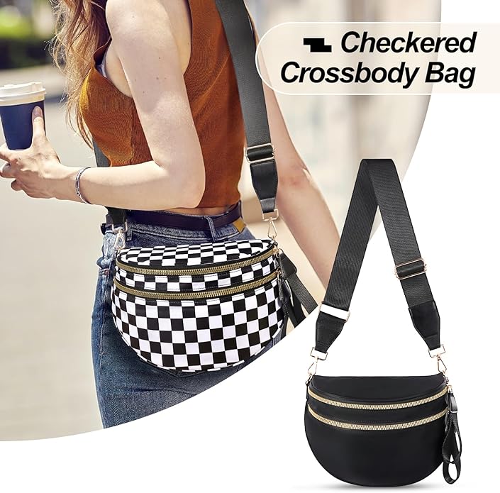 Checkered Crossbody Bag,Black and White Checkered Crossbody Bag Bum Bag for Women, Checkered Purse Fanny Packs Belt Bag