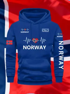 Men's Fall Winter Trendy Norway Ecg Print Hoodie, Casual Fitted Hooded Sweatshirt, Drawstring Pocket Design, Oslo Print, Geometric Pattern