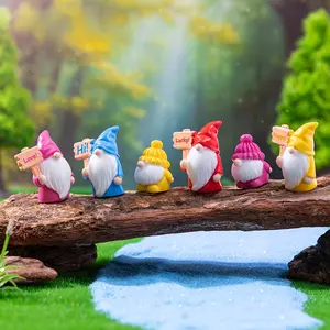 8-Piece Cute Gnome Figurines Set, Resin Mini Decorations with Hello Sign, Fairy Garden Ornaments, DIY Home Decoration Accessories, Garden Gnome Statue